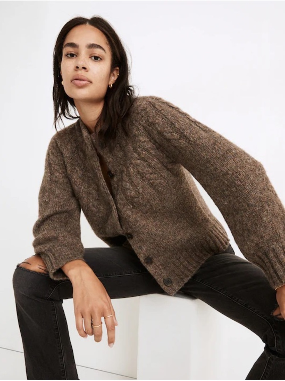 Madewell Brown Cable-Knit Button-Up Cardigan